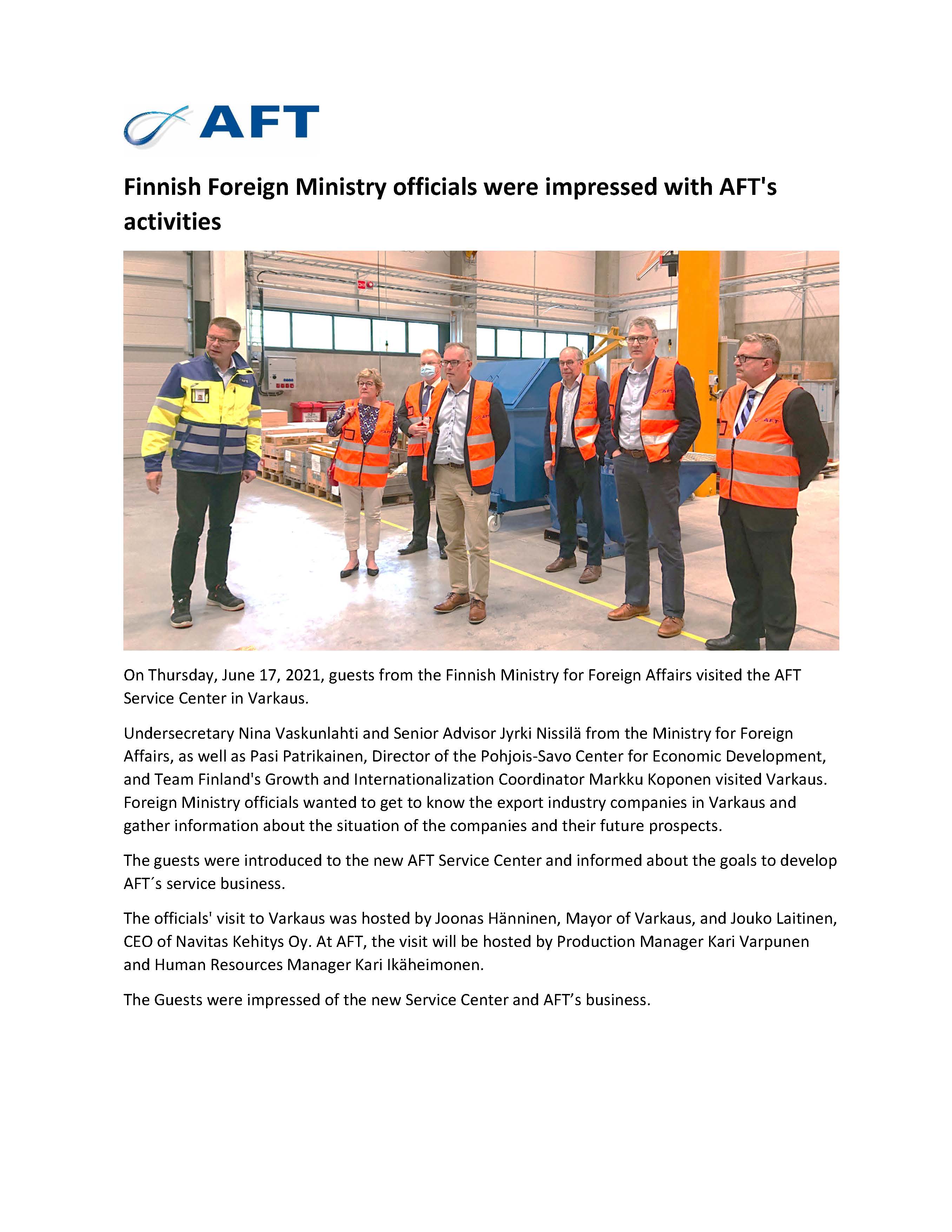 Finnish Foreign Ministry visit to AFT Service Center